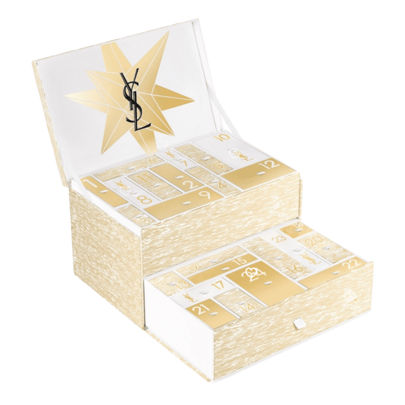 YSL Beauty Adventskalender 2025 in gold-schwarzer Box mit 24 luxuriösen Mini-Parfums, Skincare, Make-up und Accessoires.