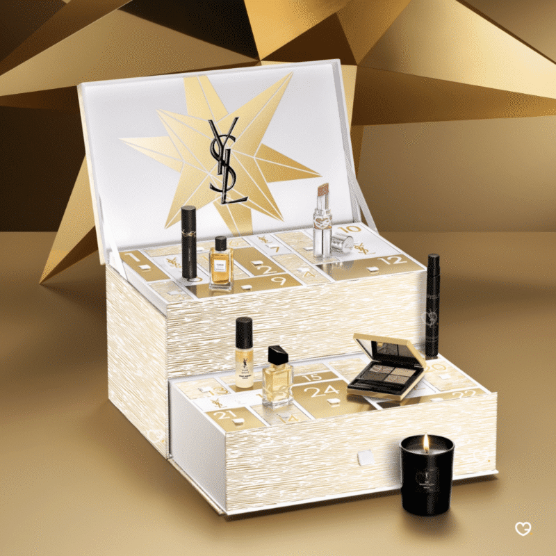YSL Beauty Adventskalender 2025 in gold-schwarzer Box mit 24 luxuriösen Mini-Parfums, Skincare, Make-up und Accessoires.