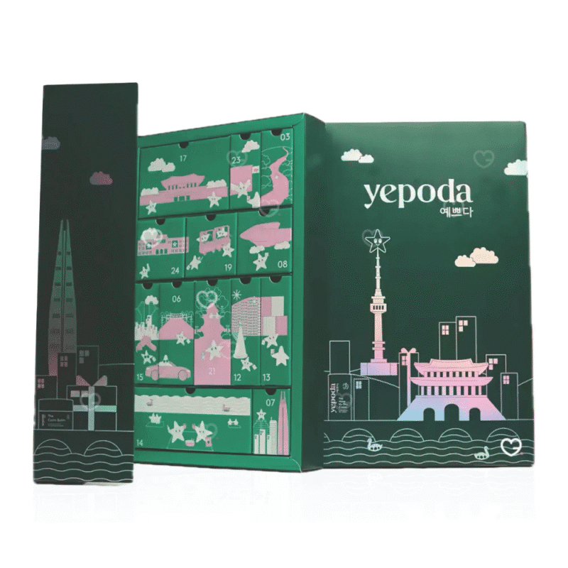 Yepoda Adventskalender 2025 in festlicher Box mit 24 kbeauty Skincare-Highlights, Make-up, Düften und Accessoires.