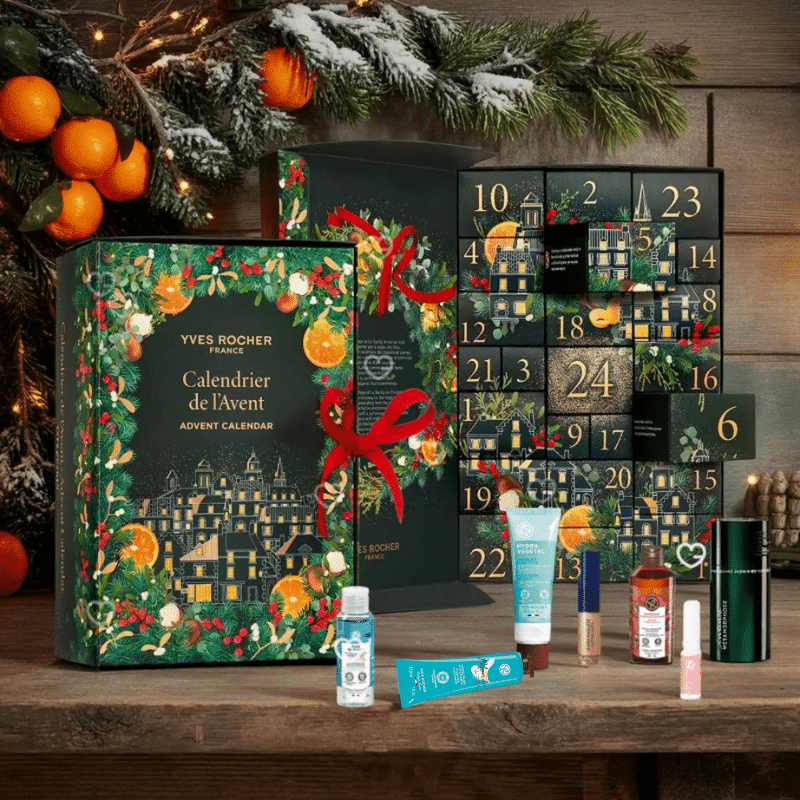 Yves Rocher Adventskalender 2025 mit 24 Beauty-Überraschungen aus Pflege, Make-up und Parfum in festlicher Geschenkbox