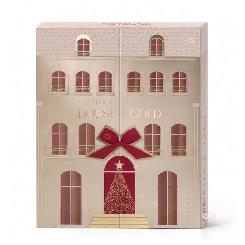Catrice Adventskalender House Of Gold 2026 geschlossene goldene Papp-Hausbox mit roter Schleife
