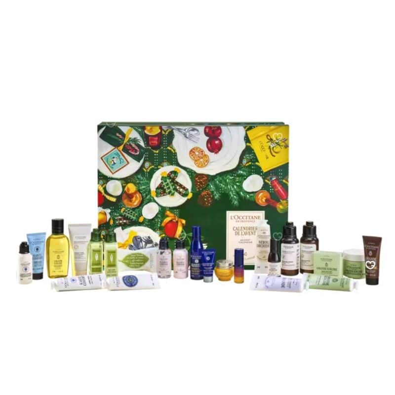L'Occitane Adventskalender 2026 Packshot mit sichtbarem Inhalt der 24 Produkte