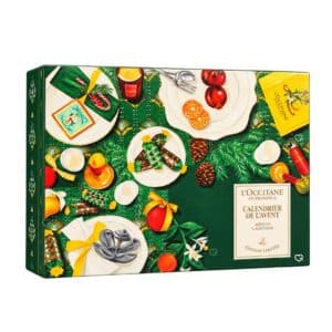 L'Occitane en Provence Adventskalender 2026 Klassische Edition, grüne Geschenkbox mit provenzalischer Weihnachtstafel-Illustration