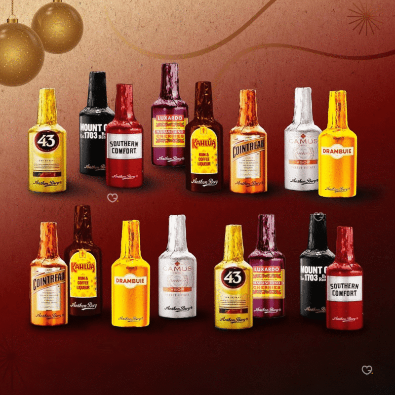 Anthon Berg Adventskalender 2025 mit 24 Likör-Schokoladenfläschchen aus dunkler Schokolade, festlich für Erwachsene.