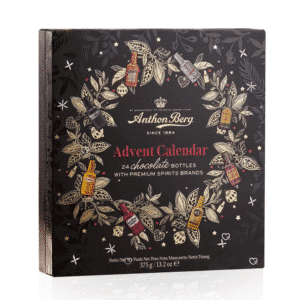 Anthon Berg Adventskalender 2025 mit 24 Likör-Schokoladenfläschchen aus dunkler Schokolade, festlich für Erwachsene.