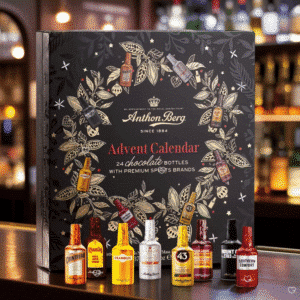 Anthon Berg Adventskalender 2025 mit 24 Likör-Schokoladenfläschchen aus dunkler Schokolade, festlich für Erwachsene.