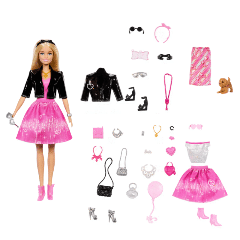 Barbie Mode Adventskalender 2025 mit Puppe, Hund und 24 modischen Accessoires für kreatives Spiel in der Vorweihnachtszeit.