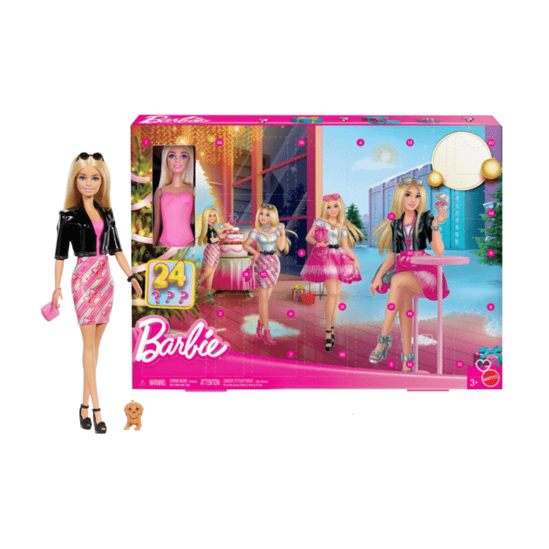 Barbie Mode Adventskalender 2025 mit Puppe, Hund und 24 modischen Accessoires für kreatives Spiel in der Vorweihnachtszeit.