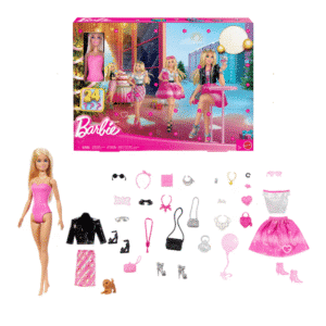 Barbie Mode Adventskalender 2025 mit Puppe, Hund und 24 modischen Accessoires für kreatives Spiel in der Vorweihnachtszeit.