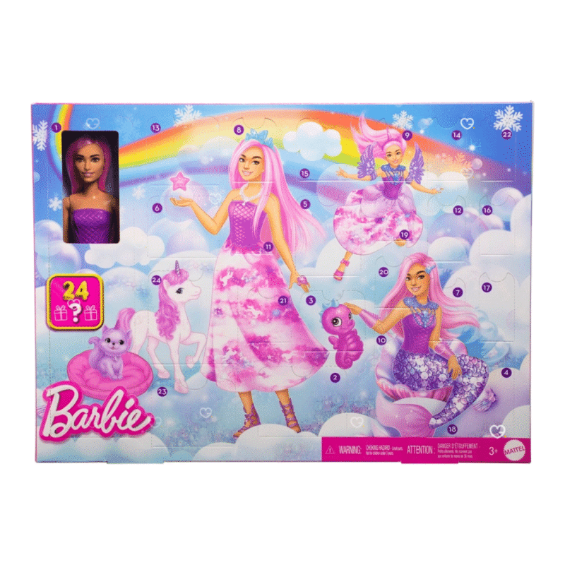 Barbie Adventskalender 2025 mit Puppe als Meerjungfrau, Prinzessin oder Fee, 4 Fantasietieren und 20 magischen Accessoires.