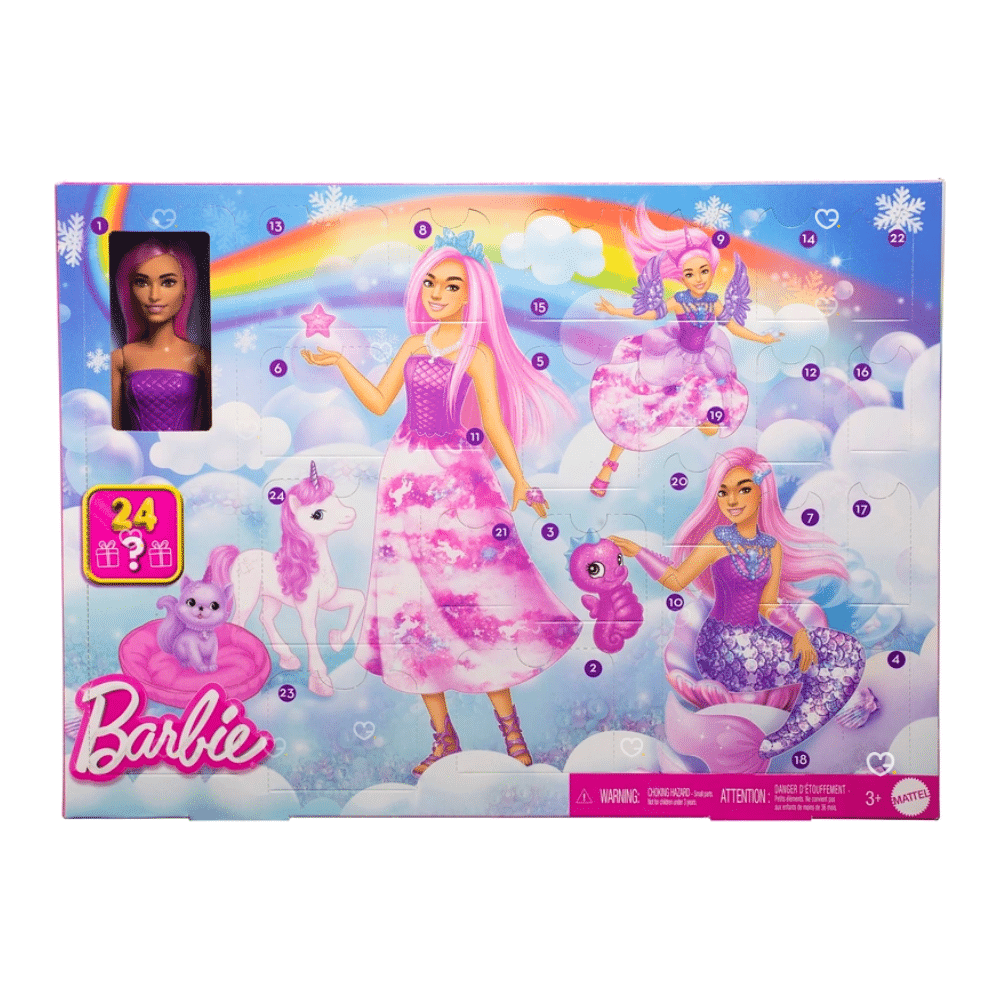 Barbie Adventskalender 2025 mit Puppe als Meerjungfrau, Prinzessin oder Fee, 4 Fantasietieren und 20 magischen Accessoires.