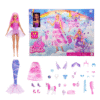 Barbie Adventskalender 2025 mit Puppe als Meerjungfrau, Prinzessin oder Fee, 4 Fantasietieren und 20 magischen Accessoires.