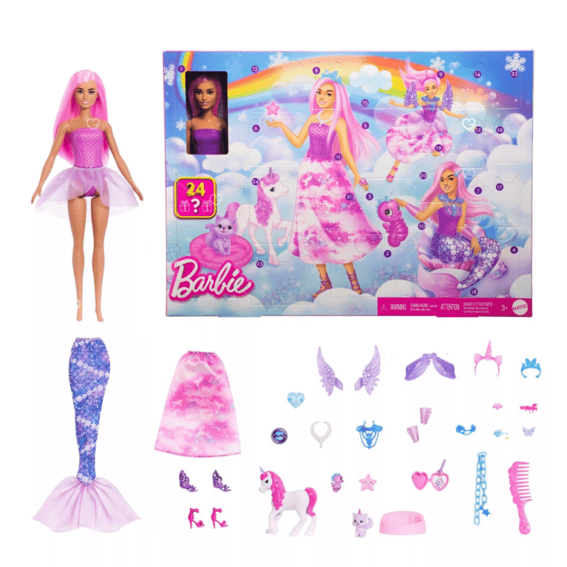 Barbie Adventskalender 2025 mit Puppe als Meerjungfrau, Prinzessin oder Fee, 4 Fantasietieren und 20 magischen Accessoires.