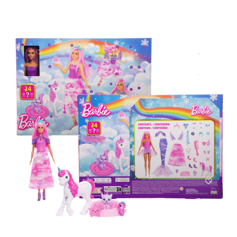 Barbie Adventskalender 2025 mit Puppe als Meerjungfrau, Prinzessin oder Fee, 4 Fantasietieren und 20 magischen Accessoires.