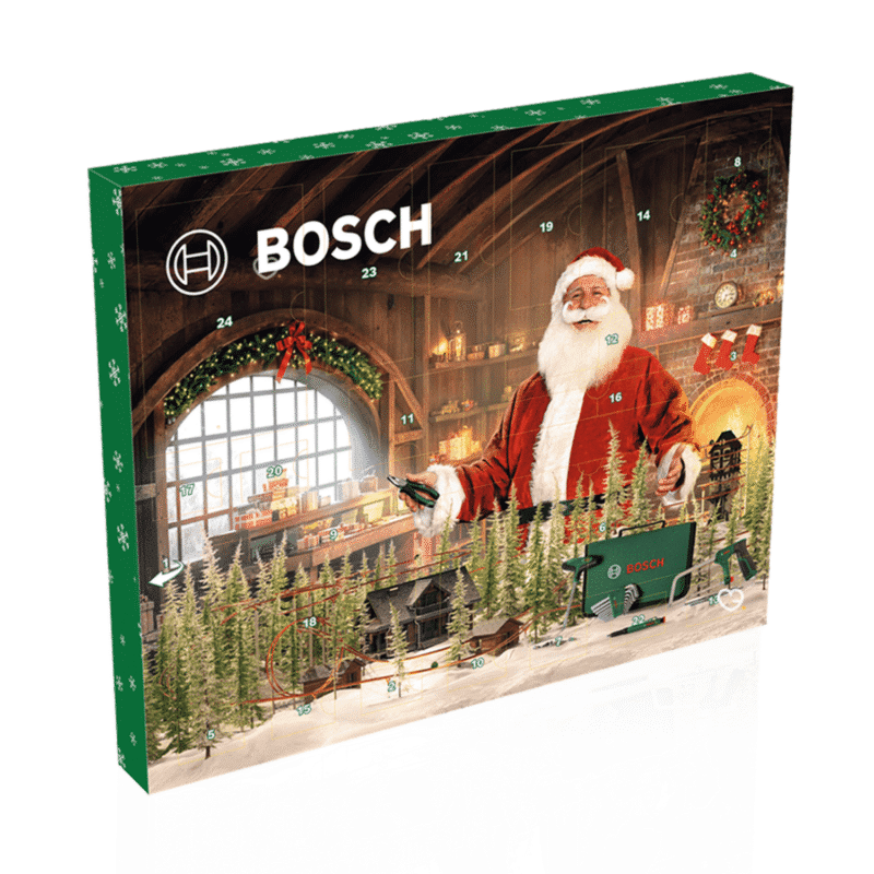 Bosch Adventskalender 2025 mit 24 Türchen und 41 Werkzeugen für Heimwerker, limitierte DIY-Edition für Männer.