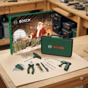Bosch Adventskalender 2025 mit 24 Türchen und 41 Werkzeugen für Heimwerker, limitierte DIY-Edition für Männer.