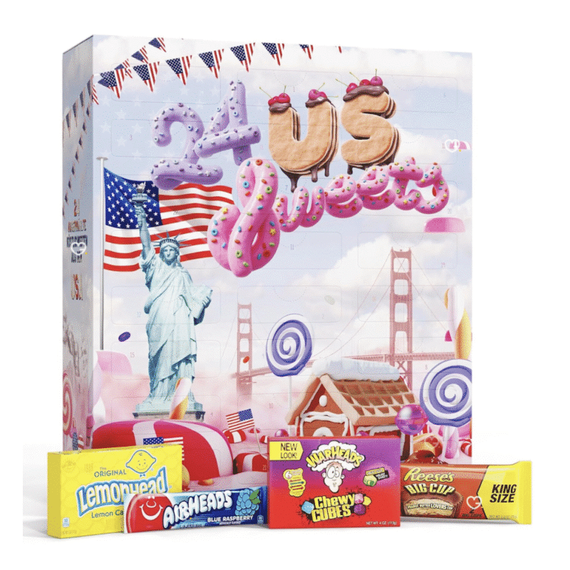 Boxiland Amerikaans Adventskalender 2025 mit 24 US-Süßigkeiten wie Reese’s und Skittles in bunter Geschenkbox.