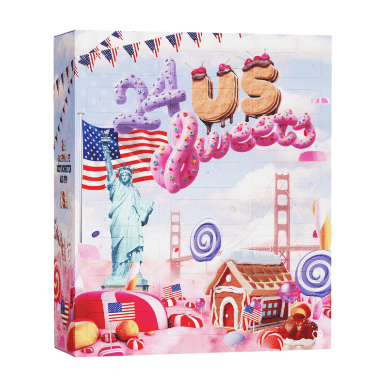 Boxiland Amerikaans Adventskalender 2025 mit 24 US-Süßigkeiten wie Reese’s und Skittles in bunter Geschenkbox.