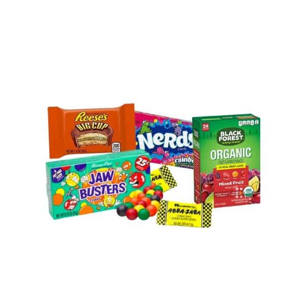Boxiland Amerikaans Adventskalender 2025 mit 24 US-Süßigkeiten wie Reese’s und Skittles in bunter Geschenkbox.