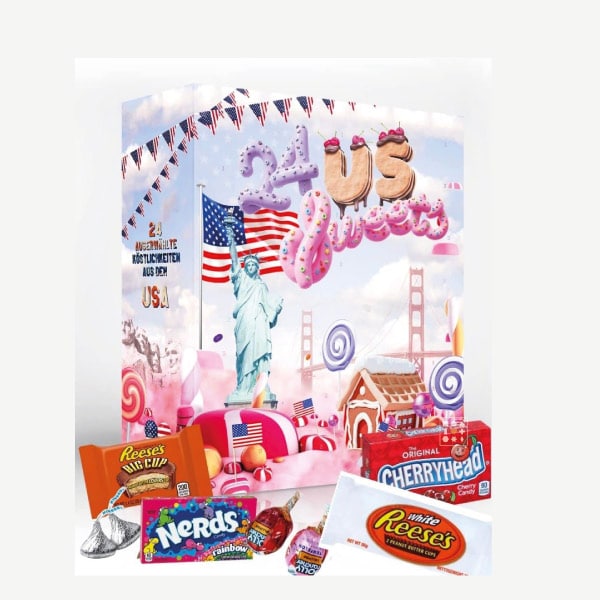 Boxiland Amerikaans Adventskalender 2025 mit 24 US-Süßigkeiten wie Reese’s und Skittles in bunter Geschenkbox.