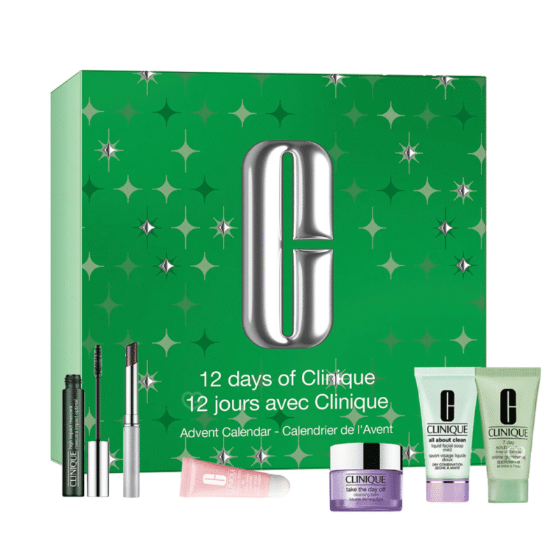 Clinique Adventskalender 2025 mit 12 luxuriösen Pflege‑ und Make‑up‑Miniaturen in festlicher Box, ideal zum Verschenken.