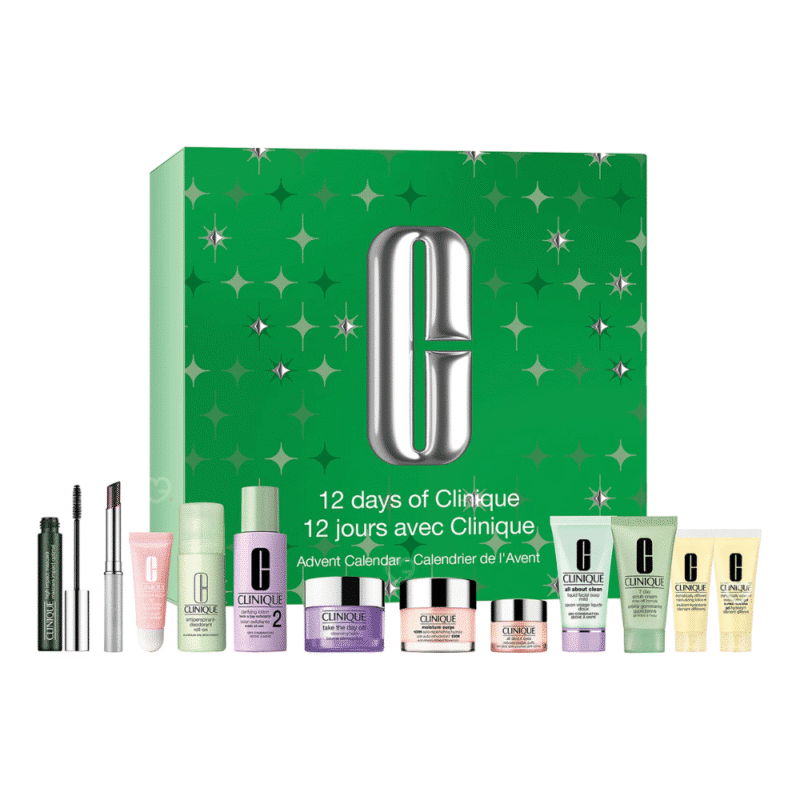 Clinique Adventskalender 2025 mit 12 luxuriösen Pflege‑ und Make‑up‑Miniaturen in festlicher Box, ideal zum Verschenken.