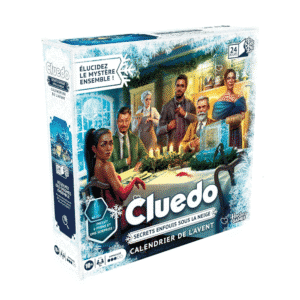 Cluedo Adventskalender 2025 mit 24 Rätseltagen, Figuren und Karten für Familien und Krimifans im festlichen Design.