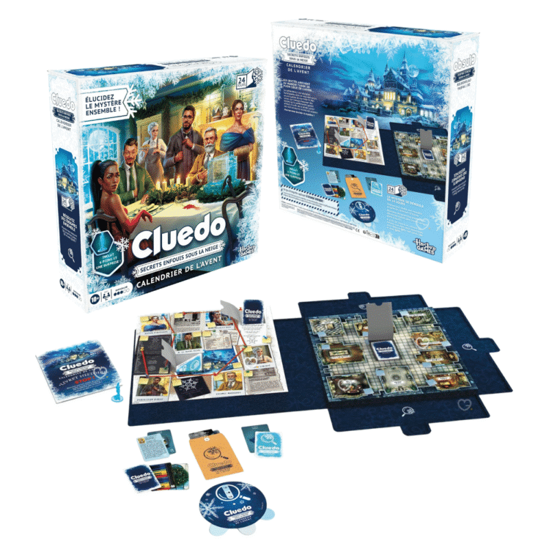 Cluedo Adventskalender 2025 mit 24 Rätseltagen, Figuren und Karten für Familien und Krimifans im festlichen Design.