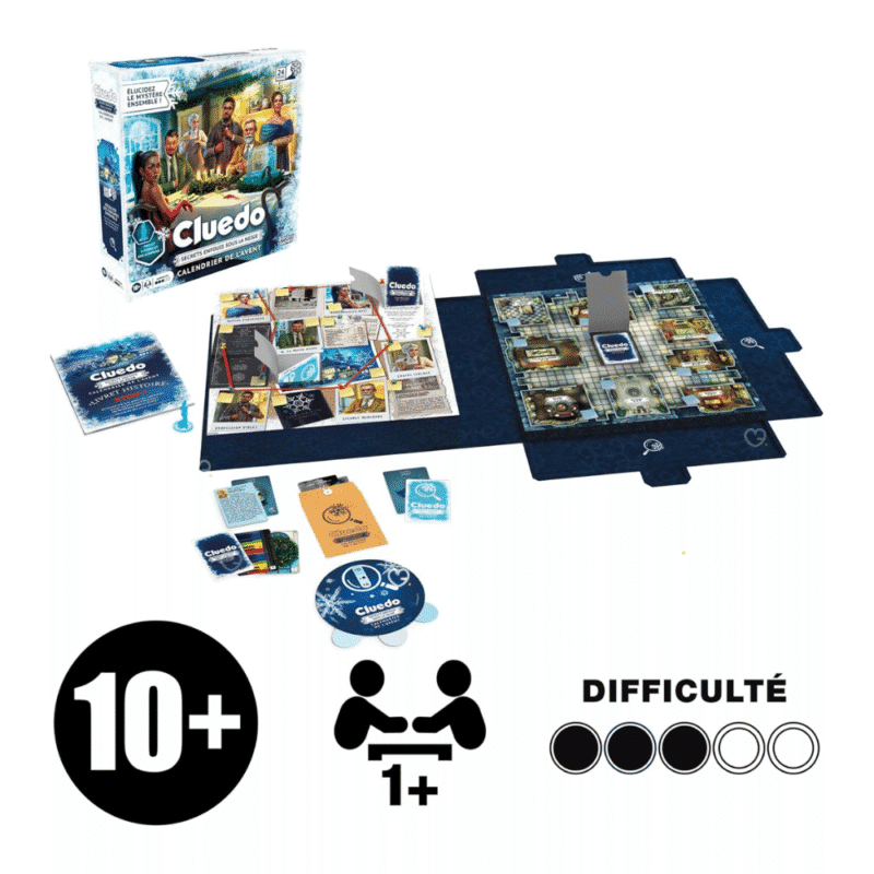 Cluedo Adventskalender 2025 mit 24 Rätseltagen, Figuren und Karten für Familien und Krimifans im festlichen Design.