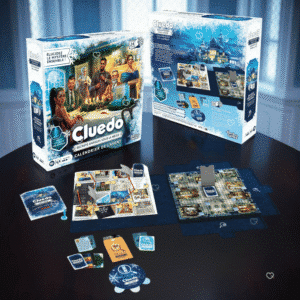 Cluedo Adventskalender 2025 mit 24 Rätseltagen, Figuren und Karten für Familien und Krimifans im festlichen Design.
