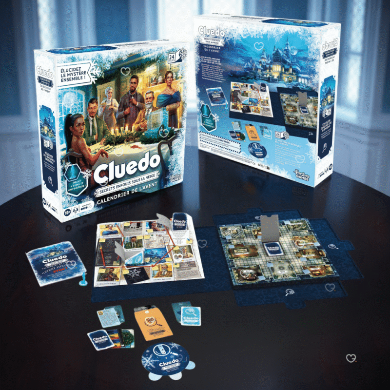 Cluedo Adventskalender 2025 mit 24 Rätseltagen, Figuren und Karten für Familien und Krimifans im festlichen Design.