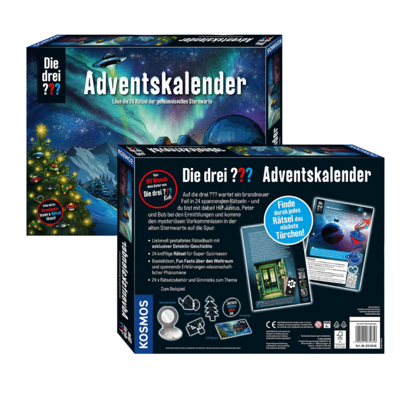 Die DREI ??? Adventskalender 2025 mit 24 Detektivgimmicks, Rätseln und Geschichte – spannender Spielspaß für Kinder.