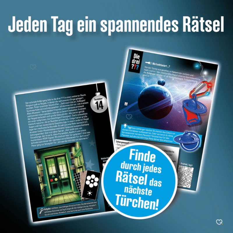 Die DREI ??? Adventskalender 2025 mit 24 Detektivgimmicks, Rätseln und Geschichte – spannender Spielspaß für Kinder.
