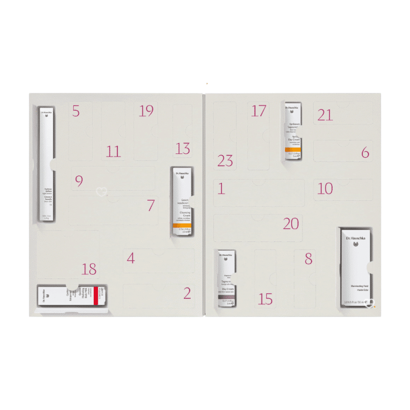 Dr Hauschka Adventskalender 2025 mit 24 Naturkosmetik‑Miniaturen für Gesicht, Körper und Make‑up in eleganter Geschenkbox.