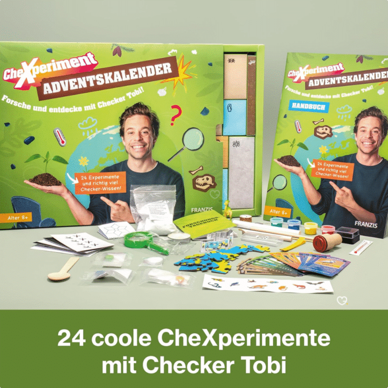 CheXperiment Adventskalender 2025 mit 24 kinderfreundlichen Experimenten, Bastelideen und Forscherzubehör in bunter Box.
