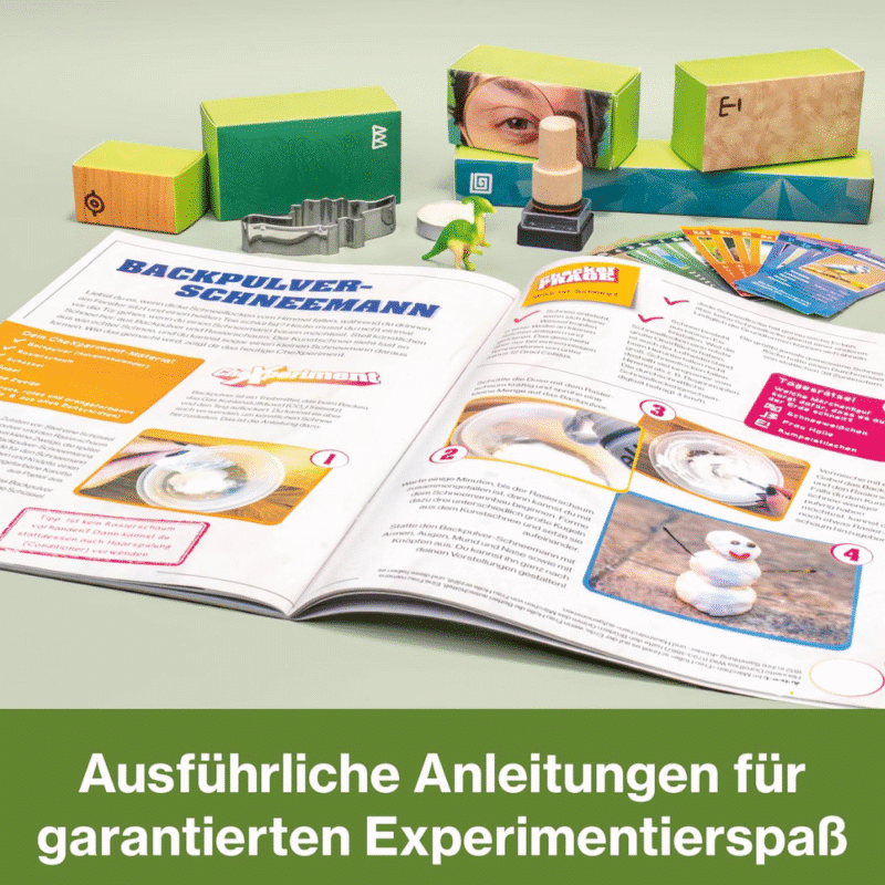 CheXperiment Adventskalender 2025 mit 24 kinderfreundlichen Experimenten, Bastelideen und Forscherzubehör in bunter Box.