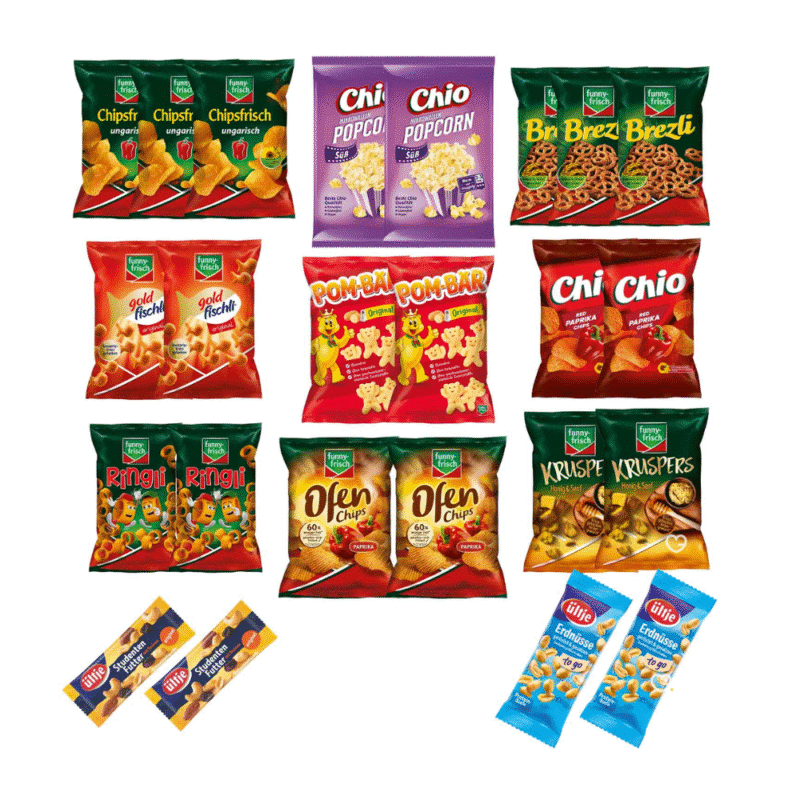 Funny Frisch Adventskalender 2025 Foodie mit Chips, Nüssen, Popcorn und anderen Snacks für jeden Tag.