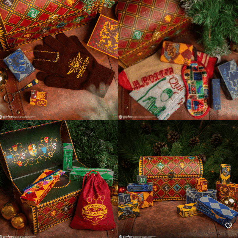 Harry Potter - Quidditch Adventskalender 2025 mit 24 magischen Fanartikeln wie Socken, Pins und Schmuck für Sammler:innen.