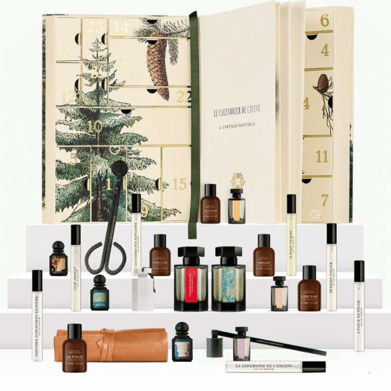 L'Artisan Parfumeur Adventskalender 2025 mit 24 luxuriösen Düften, Pflege und Accessoires in eleganter gold‑weißer Box.