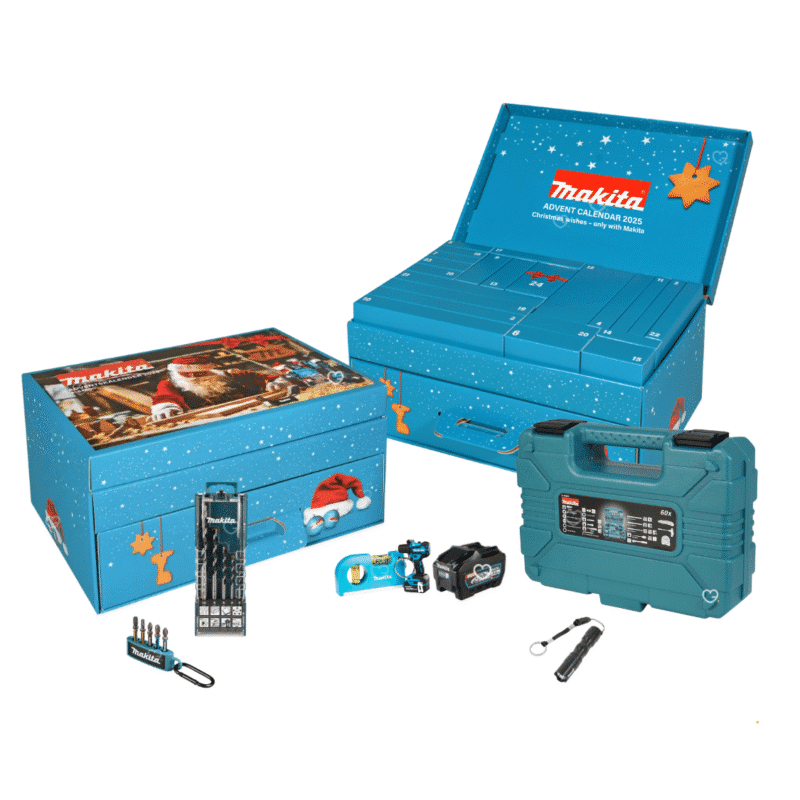 Makita Adventskalender 2025, limitierte Edition mit 24 Werkzeugen und Zubehör für Heimwerker und Markenfans.
