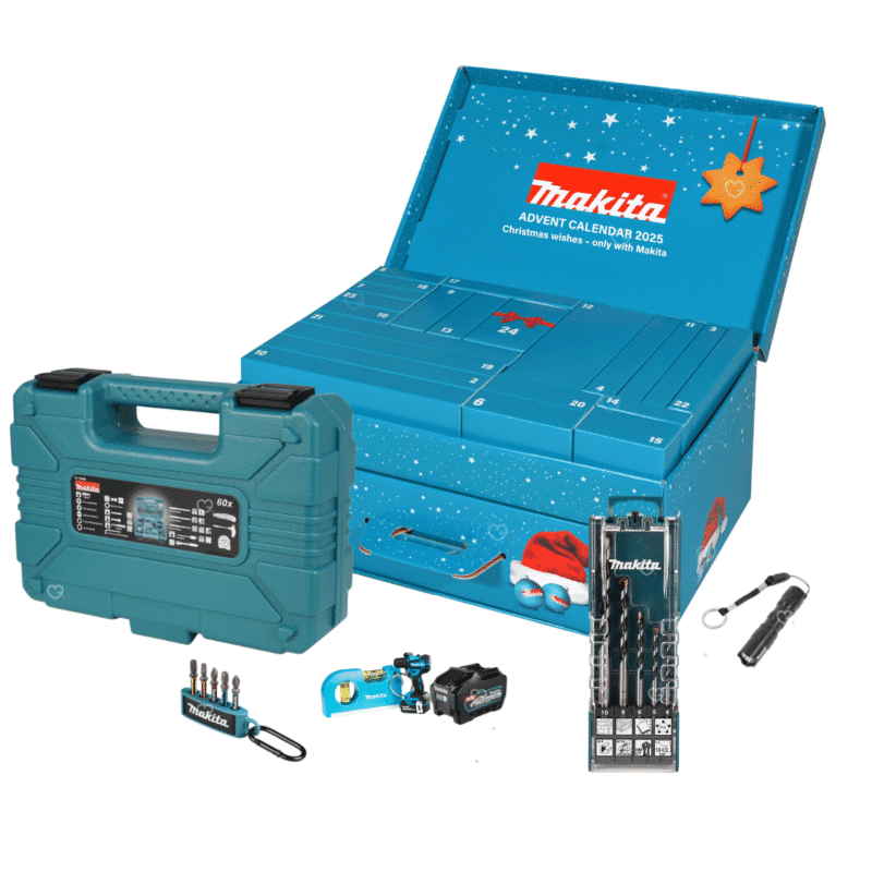 Makita Adventskalender 2025, limitierte Edition mit 24 Werkzeugen und Zubehör für Heimwerker und Markenfans.