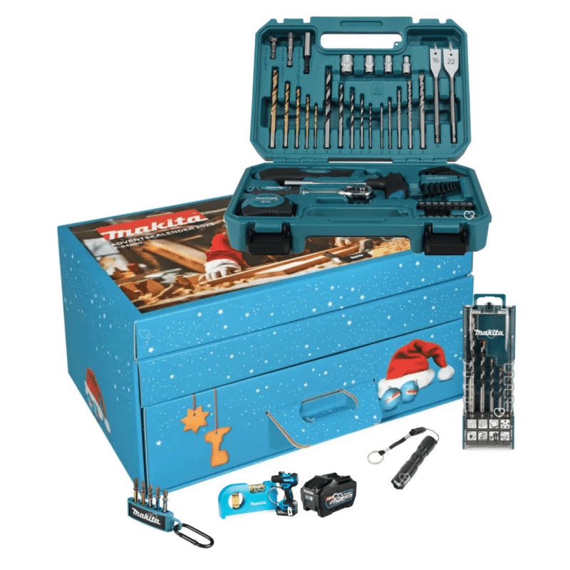 Makita Adventskalender 2025, limitierte Edition mit 24 Werkzeugen und Zubehör für Heimwerker und Markenfans.