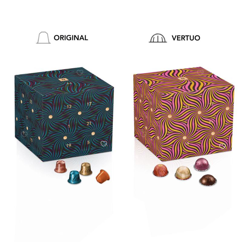 Nespresso Vertuo Adventskalender 2025 mit 24 Kaffeekapseln und limitierter Porzellantasse in festlicher Geschenkbox.