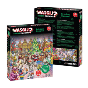 Wasgij Puzzle Adventskalender 2025 mit 24 Mini-Puzzles à 54 Teile, weihnachtliches Rätselmotiv „Rentier-Raserei“, aus Recyclingkarton.