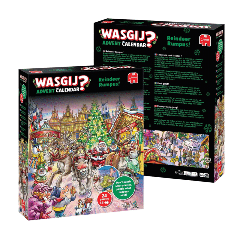 Wasgij Puzzle Adventskalender 2025 mit 24 Mini-Puzzles à 54 Teile, weihnachtliches Rätselmotiv „Rentier-Raserei“, aus Recyclingkarton.