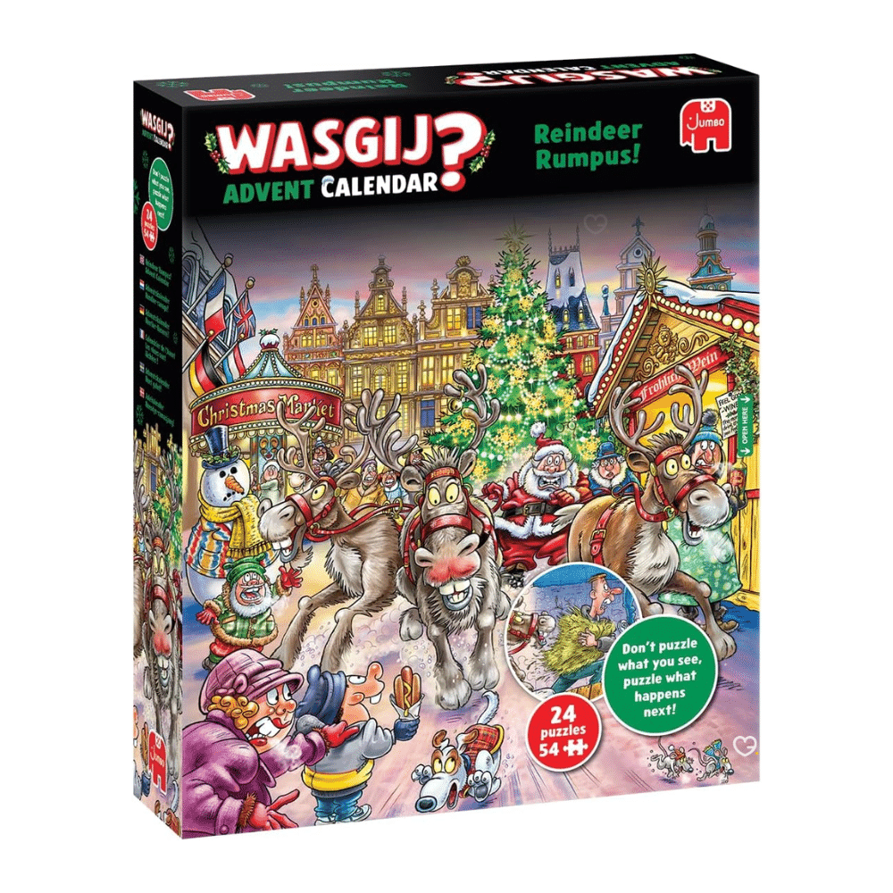 Wasgij Puzzle Adventskalender 2025 mit 24 Mini-Puzzles à 54 Teile, weihnachtliches Rätselmotiv „Rentier-Raserei“, aus Recyclingkarton.