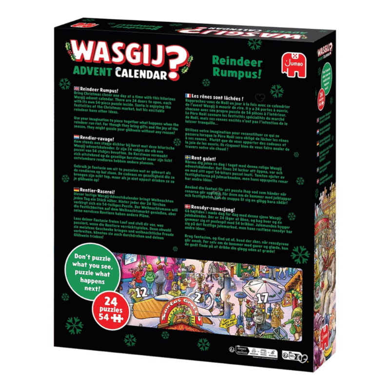 Wasgij Puzzle Adventskalender 2025 mit 24 Mini-Puzzles à 54 Teile, weihnachtliches Rätselmotiv „Rentier-Raserei“, aus Recyclingkarton.