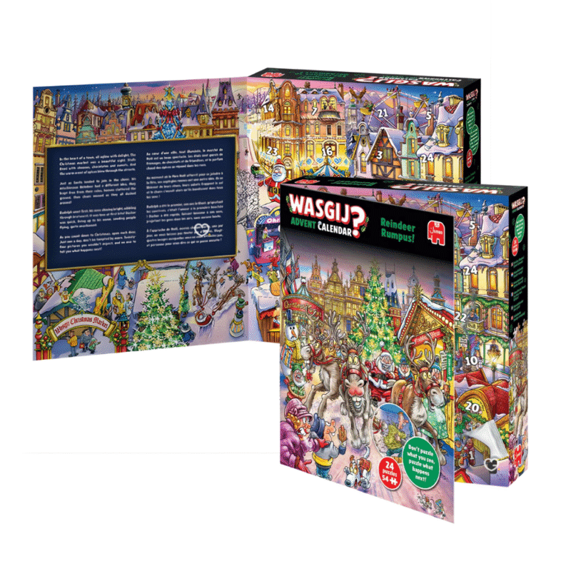 Wasgij Puzzle Adventskalender 2025 mit 24 Mini-Puzzles à 54 Teile, weihnachtliches Rätselmotiv „Rentier-Raserei“, aus Recyclingkarton.