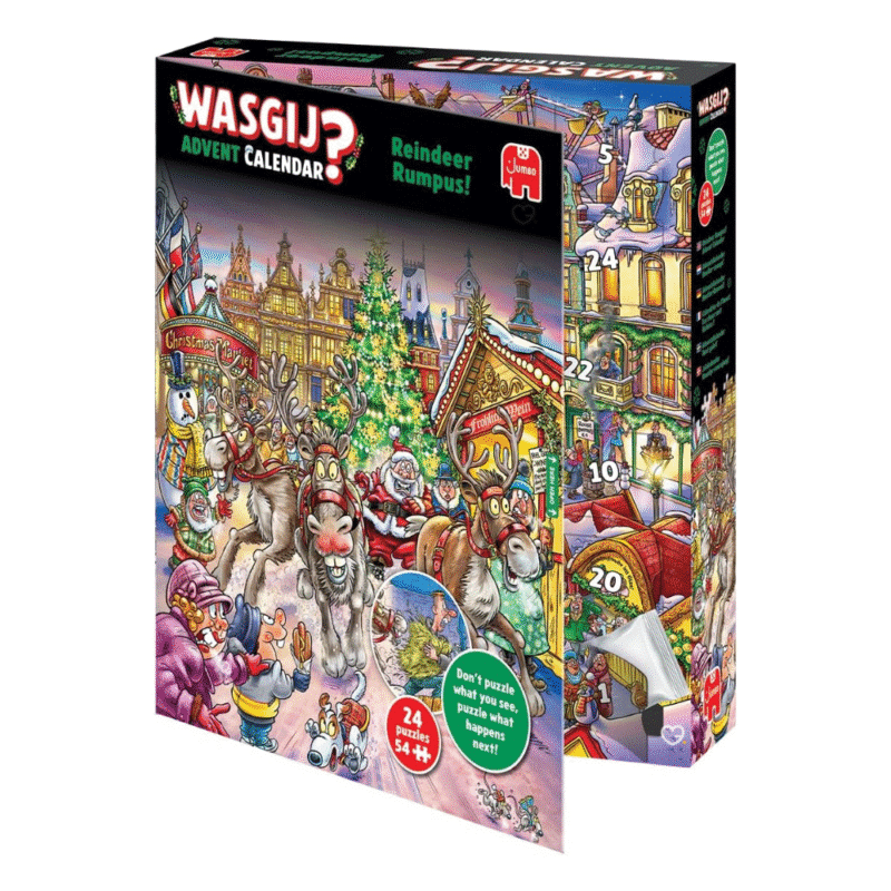 Wasgij Puzzle Adventskalender 2025 mit 24 Mini-Puzzles à 54 Teile, weihnachtliches Rätselmotiv „Rentier-Raserei“, aus Recyclingkarton.
