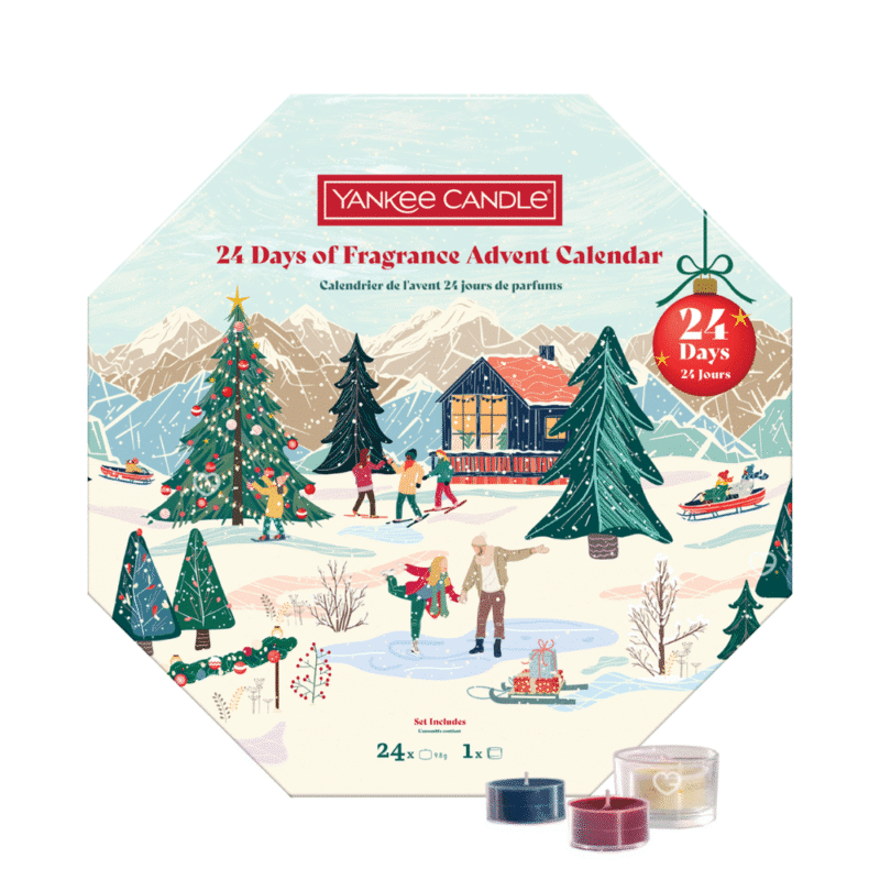 Yankee Candle Wreath Adventskalender 2025 mit 24 Duft-Teelichtern und Glashalter in festlicher Kranzbox für Duftliebhaber:innen.